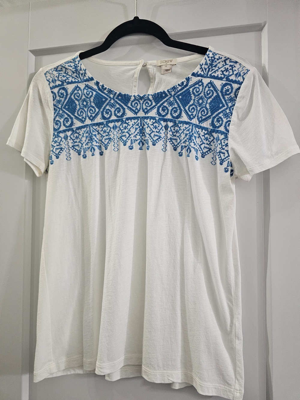 J. Crew White Short Sleeve Tee with Blue Embroidered Yoke